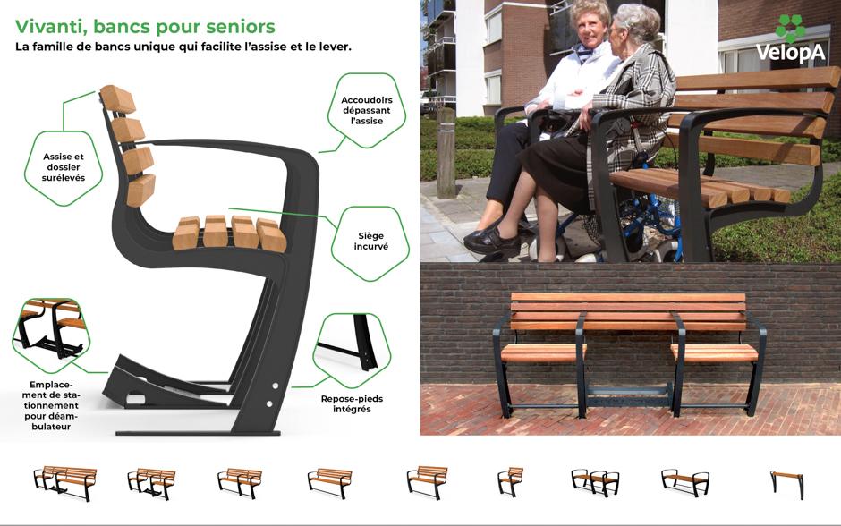 Vivanti banc pour seniors sans dossier 2x3 places bois